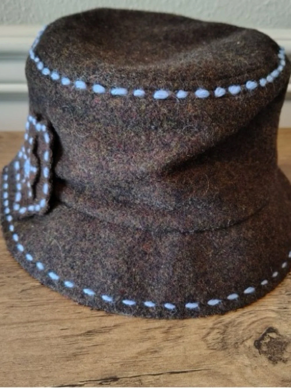 Vtg Liz Claiborne Wool Felted Bucket Hat Brown Floral Stitched Trim Twee Indie